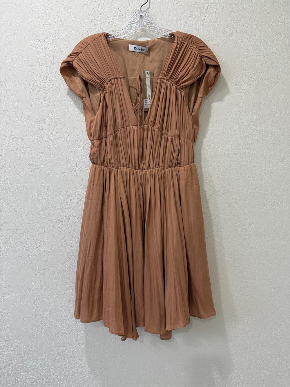 DO+BE Rust-Toned Pleated V-Neck Mini Dress